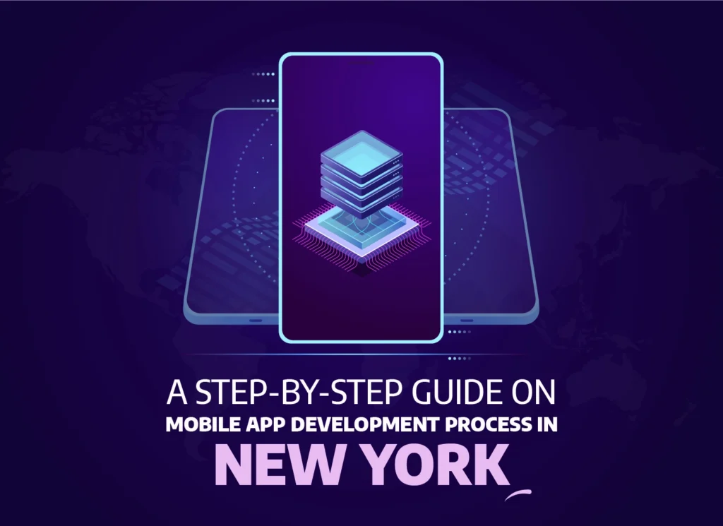Illustration of mobile app development process with digital interface concept, tailored for startups and enterprises in New York, 2025.