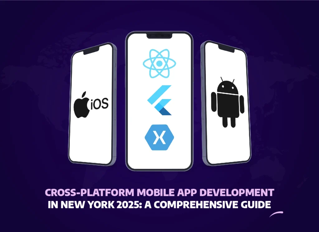 Cross-platform mobile app development in New York 2025 featuring iOS, Android, React Native, Flutter, and Xamarin logos on smartphone screens.